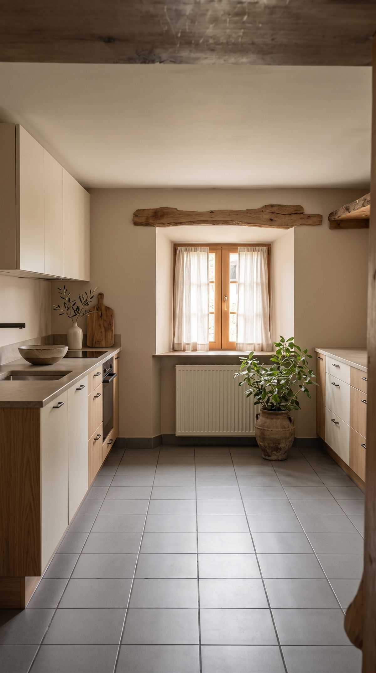 Küche mit hellen Fronten, Steinarbeitsplatte und altem Holzbalken über dem Fenster